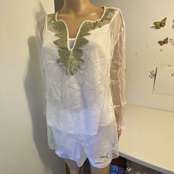 WD-NY Women 10 100% Silk White Mesh Blouse Too Y2K Romantic Fairy Angelcore - Picture 1 of 9